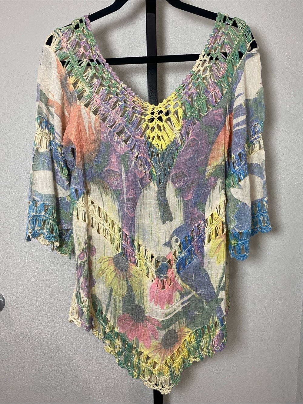 Pastel Floral Crochet-Trim V-Neck Tunic - Multi Pastel chevron